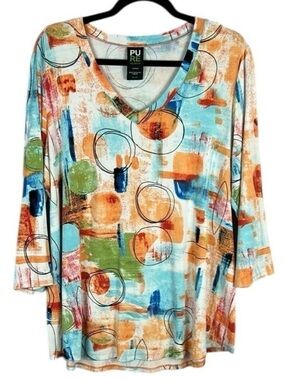 Pure Essence Artsy Coastal Colourful V Neck Long Sleeve Top XL Multicolour